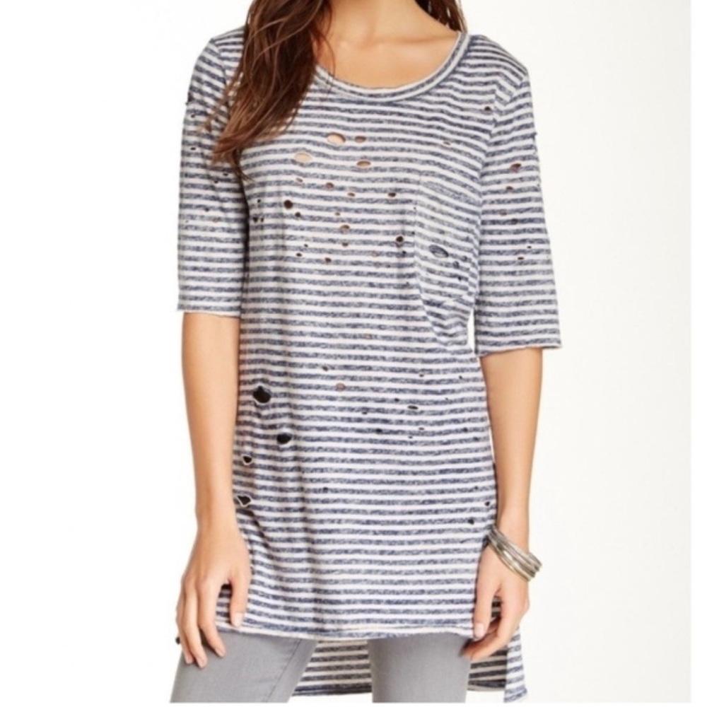 Free People Distressed Tunic T-Shirt Black White Striped Cotton Women’s Size S